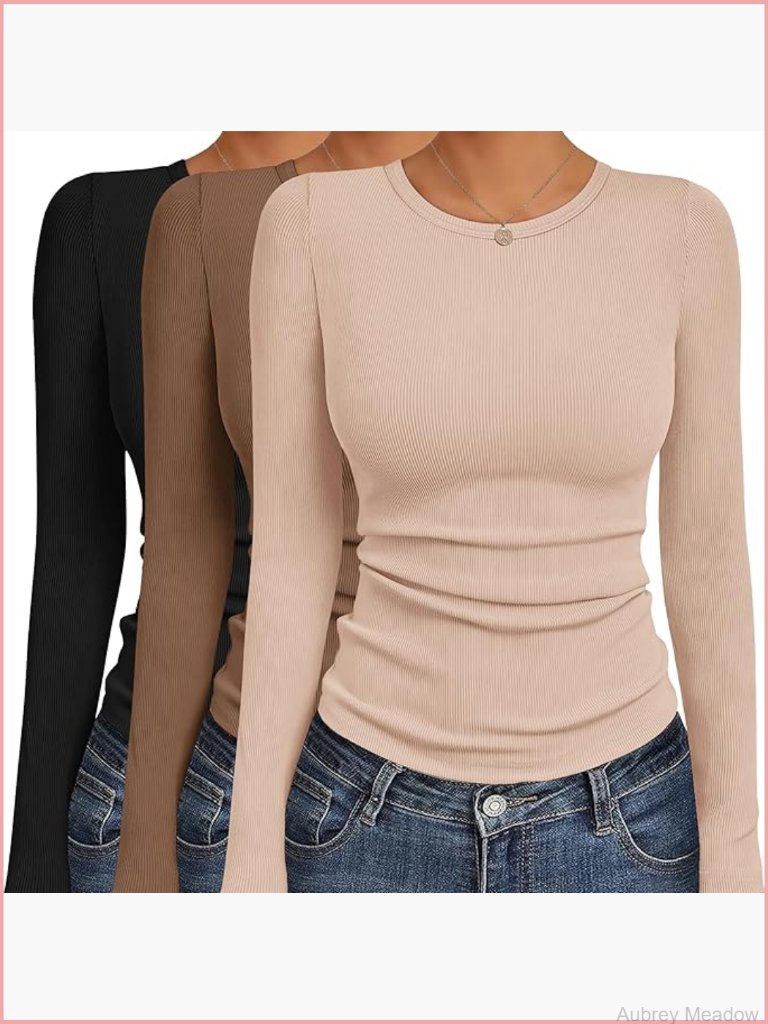 3 Pack Long Sleeve Crew Neck Fitted Ribbed Shirts - Soft Thermal Undershirt Tee